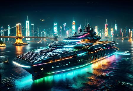 futuristic aircraft carrier hovering over cyberpunk city, inspired by avengers helicarrier, compact version, glowing RGB keyboard panels embedded in the hull, mechanical wings with neon lights, floating above skyscrapers, night scene with vibrant lights, high-tech details, cinematic wide angle, dramatic lighting, ultrarealistic, masterpiece, best quality, 8k, highres, volumetric lighting, ray tracing reflection