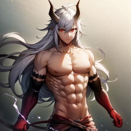  Demon Chen topless male muscular  torn clothes horns white hair long hair