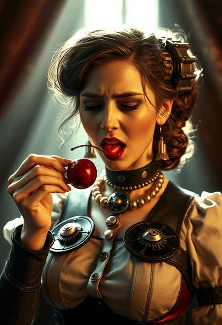A realistic photo of a steampunk woman with huge brests eating a cherry, looks in pain, ray of light