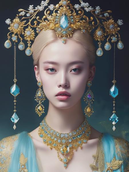 <lyco:ZhangJingna:1.0> A beautiful painting featuring a young blonde woman and jewelry, in the style of zhang jingna, rinko kawauchi, baroque - inspired details, dark gold and light blue, fanciful, dreamlike imagery, hyper - realistic details, enchanting realms