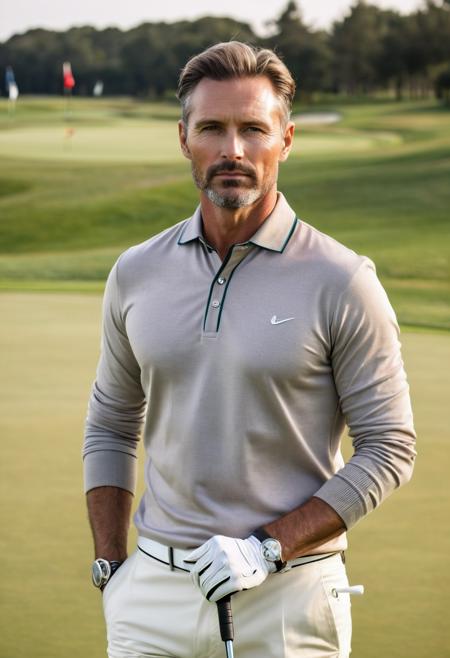 raw photo, half body, beautiful man, 40 years old,  Classic Fashion, plays golf, luxurious outfit