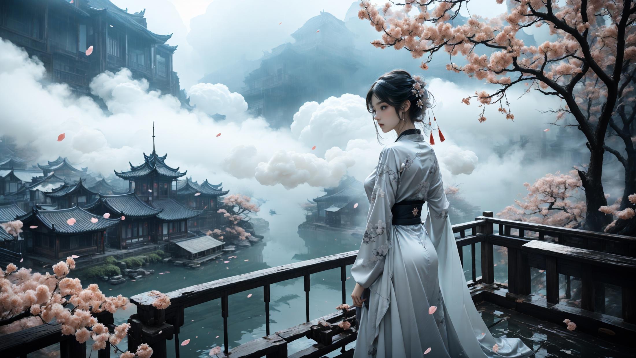 A woman in a flowing dress gazes over a beautiful Asian landscape.