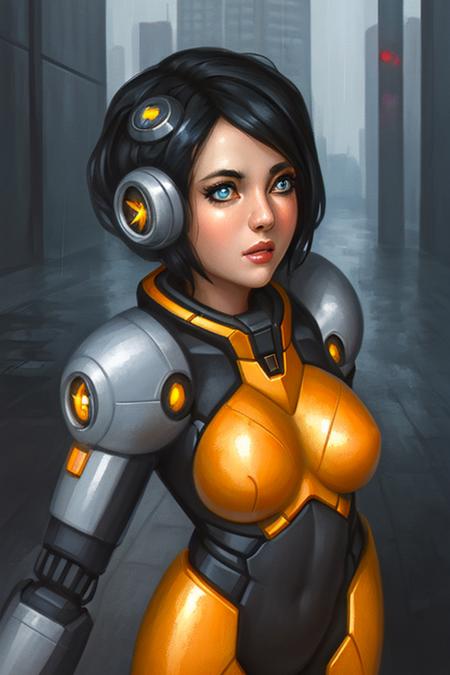 1girl, (masterpiece, sidelighting, finely detailed beautiful eyes: 1.2), detailed background, photo of half life combine standing outside city 17, glossy robot, rainy, rtx, octane, unreal,<lora:150_TheSabu-Cap_128:0.6>