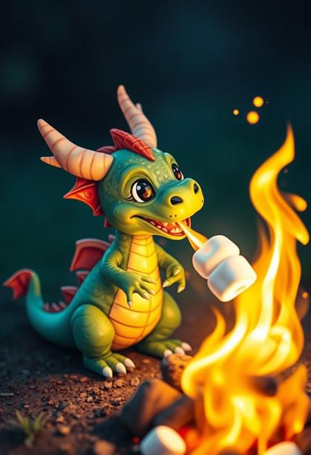 cute small dragon using fire breath to roast marshmallows