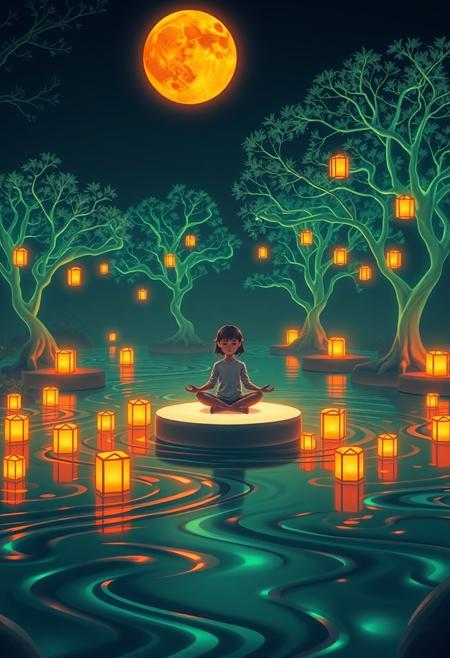 A tranquil nighttime scene in a minimalist garden surrounded by flowing water that shimmers in waves of neon green and orange. A young girl sits cross-legged at the center on a glowing, elevated stone platform, her pose meditative, her outline delicately drawn in smooth, flowing contours. She is surrounded by floating geometric lanterns, each pulsing in rhythm with her breath, casting soft, glowing shadows that ripple across the surface of the water. The trees are stylized, with sweeping curved trunks and translucent leaves, glowing faintly with internal green light. In the sky, a large orange moon radiates warmth across the scene, bathing the figure in ambient light. The mood is serene, spiritual, and visually enchanting—a blend of clean minimal design and immersive environmental fantasy, where each glowing element adds symbolic weight to a peaceful, emotionally rich tableau.