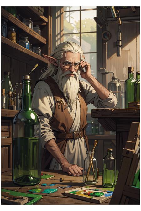 (renassaince painting:1.3),  old elf mad scientist inside a laboratory, long beard, green bottles,mist and dust, worried, messy, brown white green