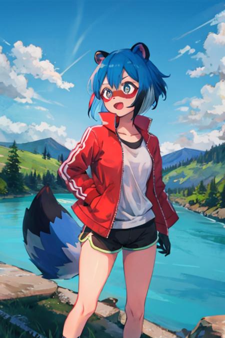 bnamichiru, female furry, blue hair, multicolored hair, short hair, raccoon ears, tail, red jacket, black shorts, short shorts, embarrassed, standing, mountain, river  <lora:michiru_kagemori:1>