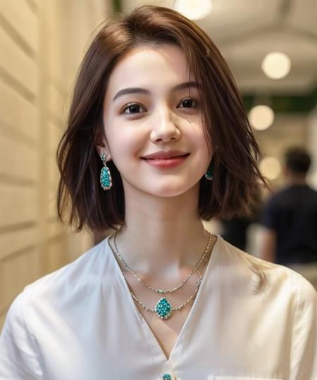 1girl, solo, looking at viewer, smile, short hair, brown hair, shirt, jewelry, closed mouth, upper body, earrings, necklace, blurry, lips, head tilt, black shirt, depth of field, blurry background
<lora:hasselblad_portrait_v1:0.7>