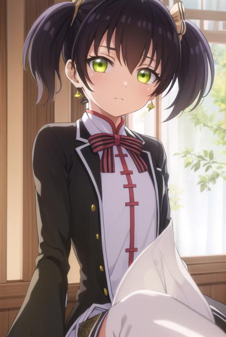 kochouwang, <lora:kochou wang s1-lora-nochekaiser:1>,
kochou wang, short hair, black hair, twintails, (green eyes:1.3),
BREAK thighhighs, long sleeves, dress, bow, ribbon, jewelry, earrings, black thighhighs, sleeves past wrists, chinese clothes, armband, sleeves past fingers,
BREAK indoors, classroom,
BREAK looking at viewer, (cowboy shot:1.5),
BREAK <lyco:GoodHands-beta2:1>, (masterpiece:1.2), best quality, high resolution, unity 8k wallpaper, (illustration:0.8), (beautiful detailed eyes:1.6), extremely detailed face, perfect lighting, extremely detailed CG, (perfect hands, perfect anatomy),