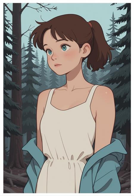 masterpiece, best quality, absolutely eye-catching, 1girl, woman, short ponytail, brown hair, aqua eyes, pine tree forest, white border, outlined, studio_ghibli , m1nma_sty, minimalistic