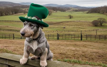 Irish wolfhound puppy wearing a Saint Patrick's day hat, misty background, hilly green ranch, farm fence