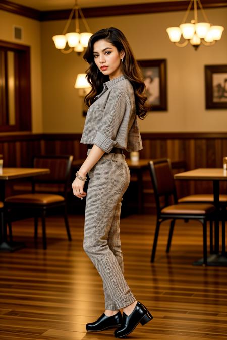 <lora:LCM_LoRA_Weights_SD15:1>,<lora:detail_slider_v4:1.4>,(cool rockabilly) 56yo old grandmother Woman, Medium build, extra long black curly down hair, korean, tan skin, light brown eyes, wearing a checkered checkered shirt, pedal pushers pants, saddle shoes, eyeliner, pearl necklace,chunky bangles, set in an elegant dance hall, with sophisticated decor, chic lighting, stylish seating, and classic dance floor, during sunset,
from the side:1.1,(full body portrait:1.3),(wide shot:1.3),fine art photography, conceptual expression, evocative imagery, artistic interpretation, emotional resonance, creative composition, professional lighting, exquisite detail, immersive experience, storytelling through imagery, conveying mood,  unique perspective, thought-provoking concept, capturing beauty, transcending reality,