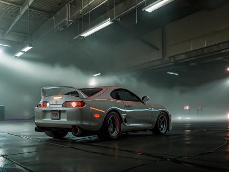 photo of VAL1 mk4Supra in a dimly lit warehouse in the fog, high quality photo, lens flare, bokeh, 8k resolution, gobo lights, warm ambient light, volumetric light, neon lights, depth of field, analog, foggy atmosphere,  <lora:Mk4Supra-000001:.8>,  <lora:analogdiffusion_Lora300:.2>