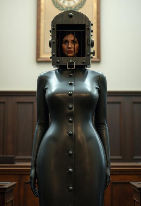 A full height view of a perfectly smooth tightly-fitting bdsm steel casing covered with rivets in the approximate form of a rigid standing woman with a heavy restraint collar and with a barred horizontal eye slit on the front of the head (and a padlocked hinged door closing over the mouth:1.4) ( a woman is trapped inside looking out through the barred eye slit:1.8), standing in the dock in a courtroom