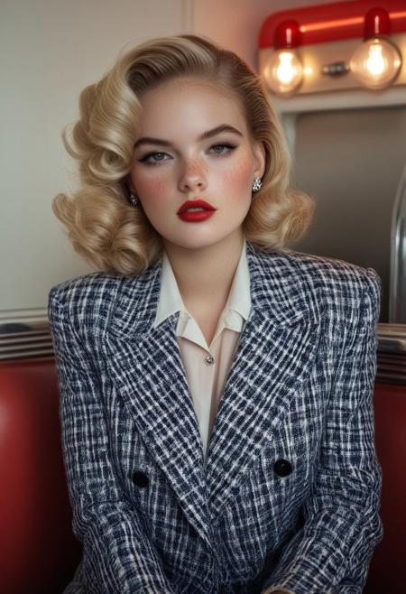 This high-definition CGI rendering presents a stunningly detailed depiction of a young woman in a vintage diner setting. The subject is a light-skinned woman with an ethereal complexion and voluminous, styled blonde hair cascading in soft waves. Her makeup is dramatic, featuring bold red lips, heavy eyeliner, and a subtle blush that accentuates her high cheekbones. She wears a provocative, open, plaid blazer in shades of red, white, and blue.rockabilly style, 1girl, mole on breast, breasts, mole, jewelry, nipples, necklace, freckles, solo, looking at viewer, 1950's