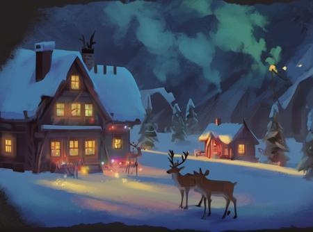 Santa's workshop with lights in the windows and smoke from the chimney, colorful Christmas decorations and lights and reindeer, arctic north pole landscape at night, (Civ6BG painting style) <lora:Civ6BG-000009:1>