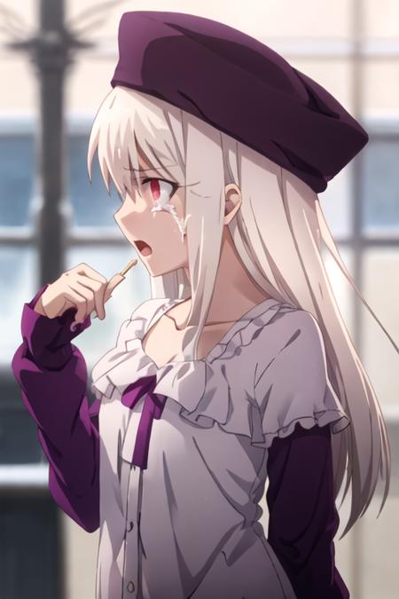 best quality, masterpiece, highres, solo, {illyasviel_von_einzbern_fatestaynightufotable:1.15}, long_hair, white_hair, red_eyes, bangs, hair_between_eyes, 1girl, open_mouth, profile, tears, anime_coloring, blurry, collarbone, from_side, pajamas