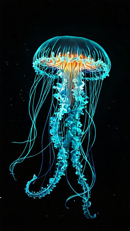 A single light blue jellyfish floats gracefully in the pitch-black depths of the ocean, its delicate long tentacles trailing behind it like an intricate lace. A dramatic and unusual scene. A world of beauty. Vintage style with retro filter. Toning effects for Instagram, breathtaking photos.<lora:novuschroma70 style_:1>