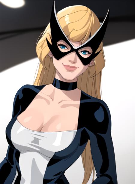 best quality, (masterpiece),(ultra-detailed), (high quality), (high resolution),  <lora:mockingbird:0.7>,blonde hair, blue eyes, bodysuit, breasts out, choker, collarbone, domino mask, lips, lipstick, long hair, mask, mockingbird, smile, solo, white background,domino mask,