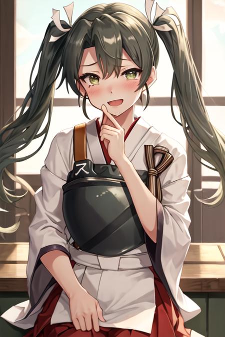 best quality, masterpiece, highres, solo, {zuikaku_kantaicollection:1.15}, long_hair, twintails, ribbon, hair_ribbon, green_hair, green_eyes, smile, white_ribbon, 1girl, crying, hair_between_eyes, hair_down, headband, japanese_clothes, open_mouth, tears, upper_body, looking_at_viewer, grey_hair, sky, :d, blush, muneate, one_eye_closed, torn_clothes, twitter_username