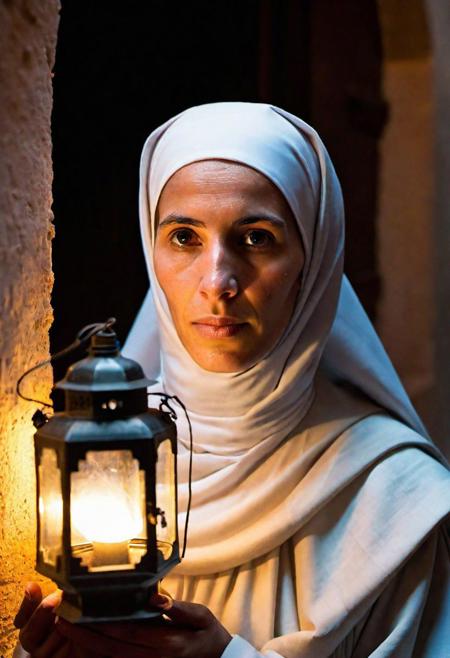 In a serene Moroccan convent, a nun deviates from convention, her face adorned with a subtle touch of makeup that accentuates her tranquil features. The soft light of a lantern casts a warm glow, revealing her hair modestly concealed beneath the traditional habit.
With an air of contemplation, she takes a thoughtful drag from a cigarette, the tendrils of smoke curling into the air. The ambient light emphasizes the interplay of shadows, creating an atmosphere of mystery as she gazes into the distance, lost in introspection.
The nun's posture is a juxtaposition of solemnity and rebellion, sitting in quiet rebellion against the backdrop of the convent. The muted surroundings and flickering lantern evoke a sense of sanctity, providing a stark contrast to the unconventional act. In this fleeting moment, the Moroccan nun captures a blend of tradition and personal contemplation.