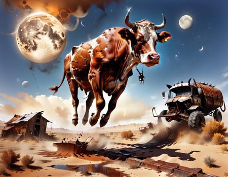 a rusty cow  jumping over the moon , dvr-rst,  <lora:dvr-rst:1> <lora:add-detail-xl:1>
