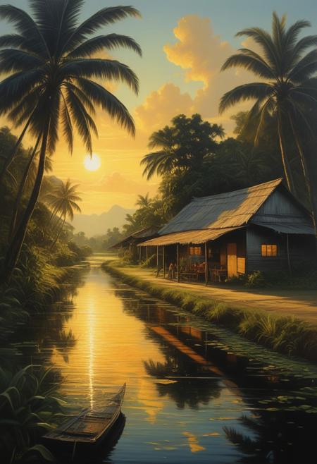 A romantic realism painting depicting idyllic Filipino rural landscapes reflected in intensely black water. Golden sunlight illuminates lush tropical scenery, detailed daily life scenes, with a vibrant color palette. The scene evokes warmth, nostalgia, a dreamlike atmosphere, and features pure black deep shadows and gentle color contrasts.