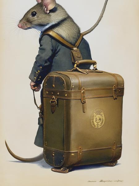 <lyco:Jean-BaptisteMonge:1.0> emigrant mouse with a suitcase in hand in 1912, refugee, conceptual art, Jean-Baptiste Monge style