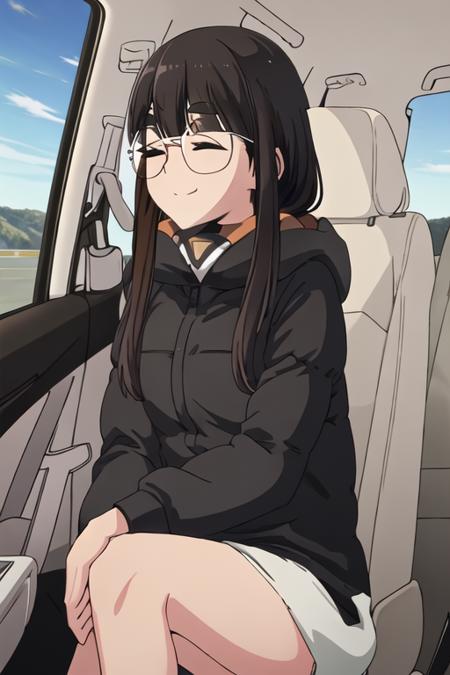 best quality, masterpiece, highres, solo, {toba_minami_yurucamp:1.15}, long_hair, bangs, closed_eyes, glasses, thick_eyebrows, black_hair, brown_hair, smile, closed_mouth, 1girl, car_interior, ground_vehicle, motor_vehicle, round_eyewear, hood, car