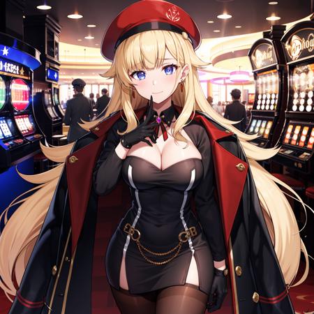 1girl, solo, long hair, bangs,  dark blue eyes, blonde hair, very long hair, 
gloves, long sleeves, hat, dress, cleavage, jewelry, closed mouth,  jacket, pantyhose, earrings, black gloves, black dress, coat, black pantyhose, beret, short dress, red headwear, brown pantyhose, coat on shoulders
casino, gambling, 
 <lora:gambler_dark_sushi:0.65>