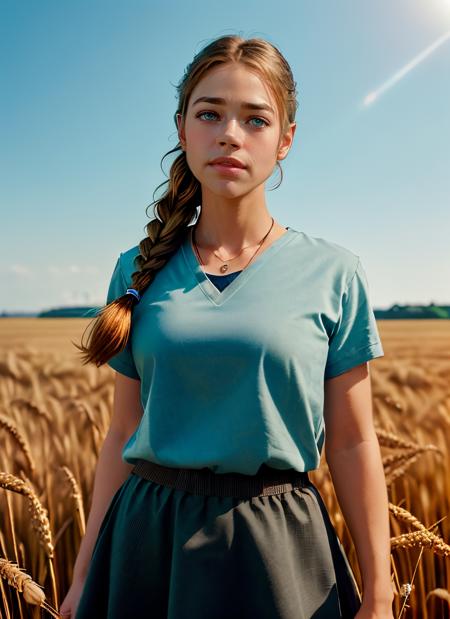 portrait of skswoman, confused , wearing skirt , with black Fishtail braid , background field of wheat epic (photo, studio lighting, hard light, sony a7, 50 mm, matte skin, pores, colors, hyperdetailed, hyperrealistic), <lyco:Denise RichardsV3:1.3>