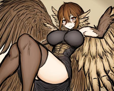 <lora:BlackSouls:0.8>
1girl, brown hair, hair between eyes, winged arms, feathered wings, two-tone hair, harpy, breasts, bird legs, talons