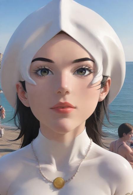 (shnywrld:3.5), score_9, score_8_up, score_7_up, score_6_up, score_5_up, score_4_up, UHD, 8K, masterpiece, detailed, ultra_high_resolution, lots of detail, female face, (latex hat:2), colorful large latex summer hat, (seaside:1.6), Fr4nc1n3Sp4g
