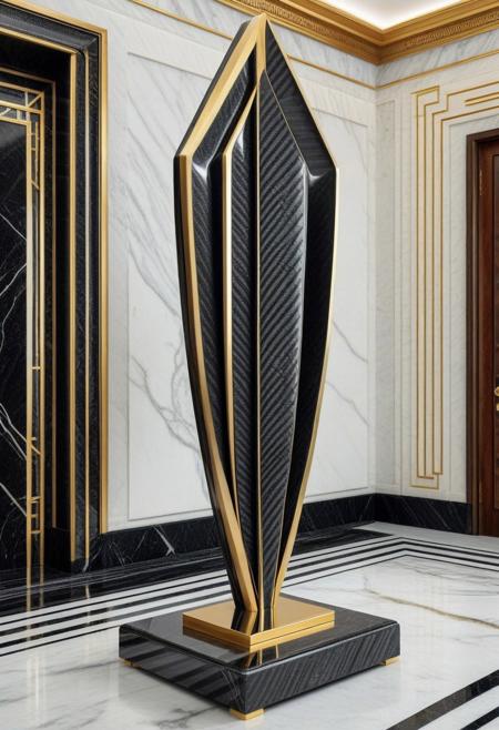 cf_style, carbon fiber modern art sculpture, gold trim, on marble pedestal, art deco, retro style, rich mansion interior, masterpiece, best quality, highly detailed, high resolution, absurdres