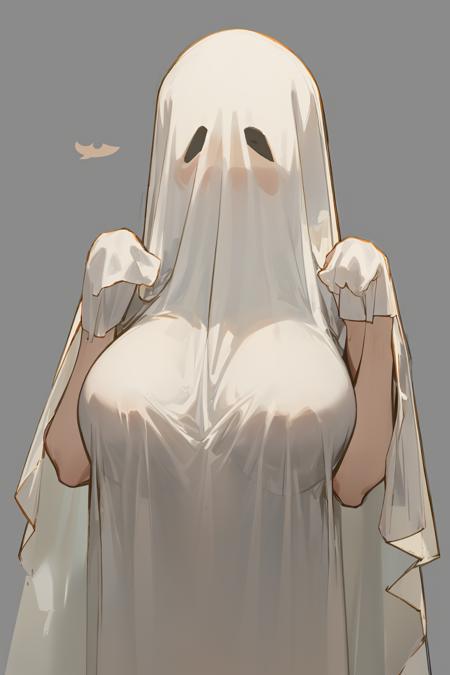 (ghost_costume:1.4),solo,large breasts,see-through,white background,upper body, <lora:ghost_costume:1>