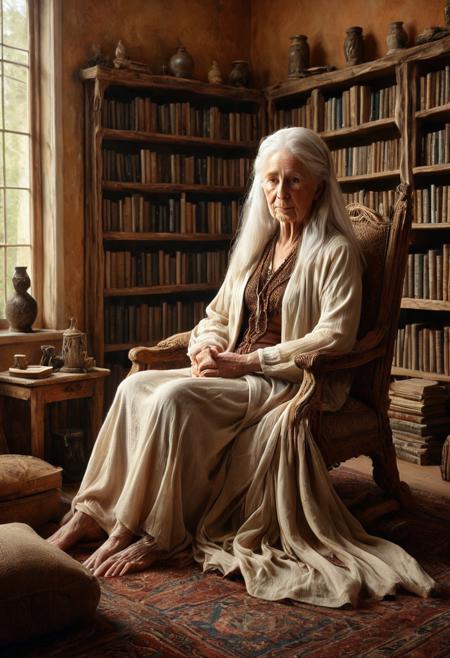 score_9, score_8_up, score_7_up, score_6_up, morph-treeroots A serene portrait of a wise old Vulcan woman with flowing white hair, her face etched with the wisdom of a lifetime. She is sitting in a cozy armchair, surrounded by books and artifacts from her travels. The room is filled with soft, natural light, creating a sense of peace and tranquility. The style is a blend of classical portraiture and impressionism, reminiscent of the works of John Singer Sargent and Mary Cassatt, with a color palette of warm earth tones, daylight, best artist, best shadows, best lighting, best textures, best contrast, epic background, portrait, sfw, pg