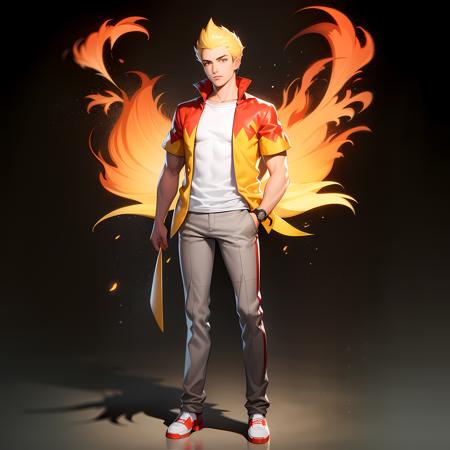 ((masterpiece, best quality)),(complex light),1boy, solo ,full body, martin mystery, blonde hair,<lora:MartinMystery1-10:0.6>,simple background, gray pants, red shoes, yellow flame jacket,