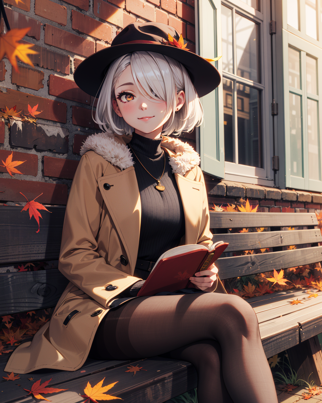 depth of field, (autumn light:1.2), 1girl, white hair, short hair, long banns, golden eyes, hair over one eye, put book on...