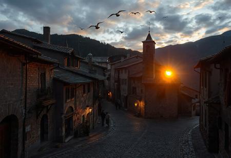 professional photo, photo of an old European mountain village with medieval cobblestone streets, a few people dot the streets but are too far to make out any details, birds fly overhead, no cars on the streets, the sun has just dropped below the horizon and it is getting dark