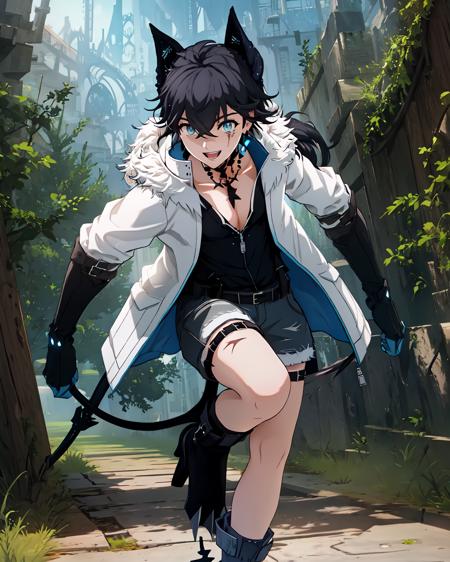 axds, 1boy, solo, male focus, claws, cleavage, scar, mechanical tail, jewelry, white jacket, fur-trimmed jacket, open clothes, fur trim, black shirt, shorts, thigh strap, black footwear, boots, high heels