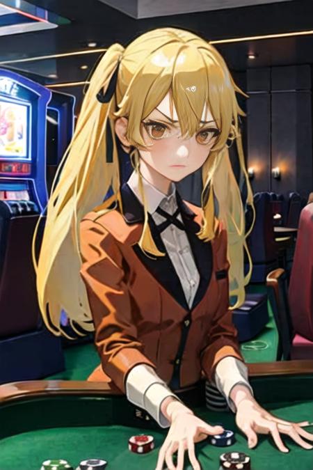 masterpiece, 1girl, brown eyes, blonde hair, long twintail, red school_uniform, 
 <lora:marysaotome_kakegurui:0.9>  , indoor, casino, hang down,frown