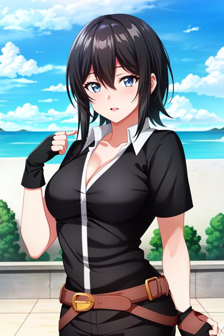 <lora:Elna Stongs:0.7> Elna Stongs, 1girl, solo, beautiful grey eyes, breasts, cleavage, blush, fingerless gloves, gloves, looking at viewer, shirt, black hair, medium breasts, white shirt, day, black gloves, collarbone, blurry, sky, upper body, cloud, hair between eyes, ((Shonen Style)), (detailed background, intricate background:1.1), beautiful, (extremely detailed CG unity 8k wallpaper),(masterpiece),(best quality),(ultra-detailed),(best illustration),(best shadow),(absurdres)