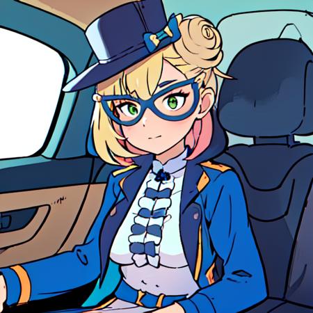 (masterpiece, top quality, best quality, beautiful, and aesthetic:1.2) lapi5,  1girl, hat, hair bun, mask, domino mask, blonde hair, sitting in the backseat of a taxi cab, <lora:lapi5:1>