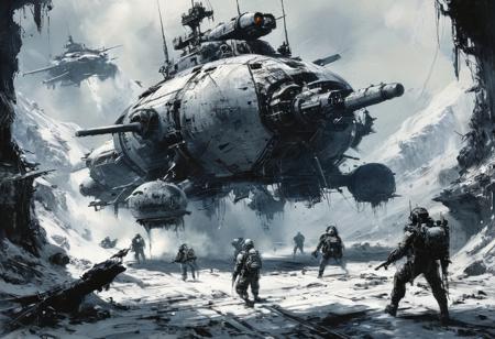 The scene depicts a futuristic battlefield with advanced military technology. Multiple soldiers in full-body armor are advancing on foot while two large, armed hovercraft are providing aerial support. The background shows an explosion, emphasizing the intensity of the combat. The soldiers are equipped with rifles and appear to be in a coordinated offensive. The environment is desolate, with minimal structures and a barren landscape. The overall artwork is detailed and monochromatic, giving a gritty and realistic feel to the futuristic warfare setting.
John Berkey Style page,FRESHIDEAS Dark RPG old-school style