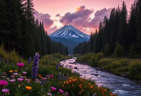 hyperrealistic, hypermaximalist, looking up a winding river in a lush forest with wildflowers in the foreground and a snow tipped mountain in the background with fluffy clouds in purple at sunset