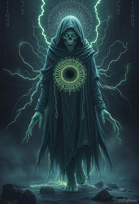 - +++D3crypt.exe walks draped in a robe of static thread, its singular glowing eye built from cipher runes that rotate mid-air. Emanating psychic code and mental intrusions, it scans reality as an encrypted console—broadcasting thoughtforms via broken signal text.
