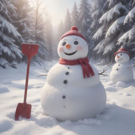 Create a high-quality, photorealistic image of a smiling albino snowman with a red face, using a spade, and having small black eyes. The official image should feature the snowman in the center, with a cheerful atmosphere, set against a white background. Ensure the snowman is wearing a bell. The caretaker should be visible in the scene..verybadimagenegative_v1.3,ChristmasWintery