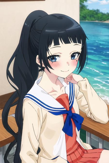 best quality, masterpiece, highres, solo, {chiyo_4ninwasorezoreusootsuku:1.15}, black_hair, long_hair, blush, bangs, mole, mole_under_eye, blunt_bangs, smile, blue_eyes, serafuku, ponytail, 1girl, collarbone, looking_at_viewer, upper_body