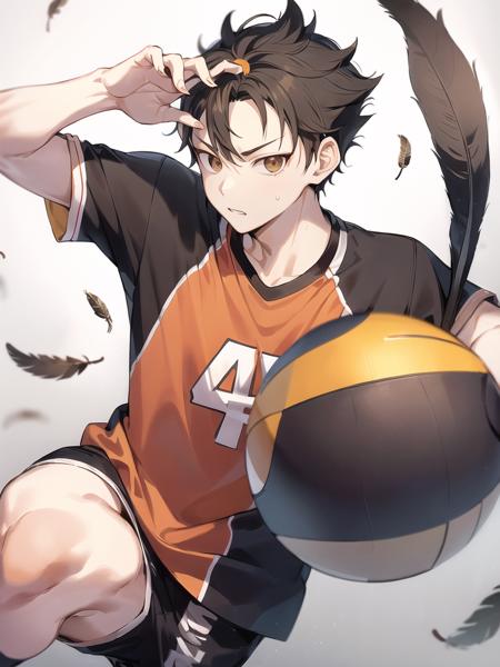 <lora:YuuNishinoya:0.6> Yuu Nishinoya ,  masterpiece, best quality, ((1man)). ((aged up)), haikyuu!! nishinoya_yuu highres ,ball black_hair (blonde_hair) brown_eyes clothes_writing,  feathers footprints karasuno_volleyball_uniform male_focus multicolored_hair orange_shirt parted_lips playing_sports shirt short_hair solo (streaked_hair) sweat two-tone_hair upper_body volleyball (volleyball_uniform)  (volleyball court)