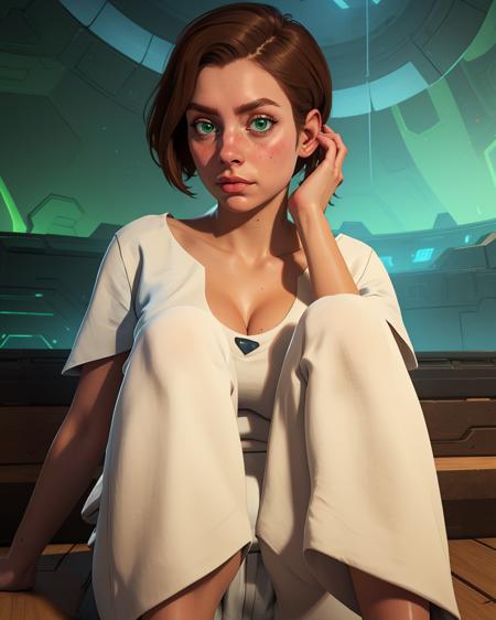 beta,green eyes,short brown hair,
white shirt,short sleeves,white pants,shoes,looking at viewer,
solo,cleavage,blush,
science fiction,sitting,
(insanely detailed, beautiful detailed face, masterpiece, best quality),<lora:beta:0.8>,